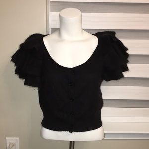 French Connection Black SOFT CASHMERE RUFFLE SLEEVE Button up CARDIGAN SWEATER